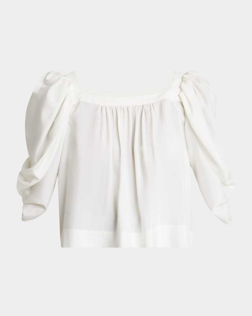 Puff-Sleeve Pleated Silk Top